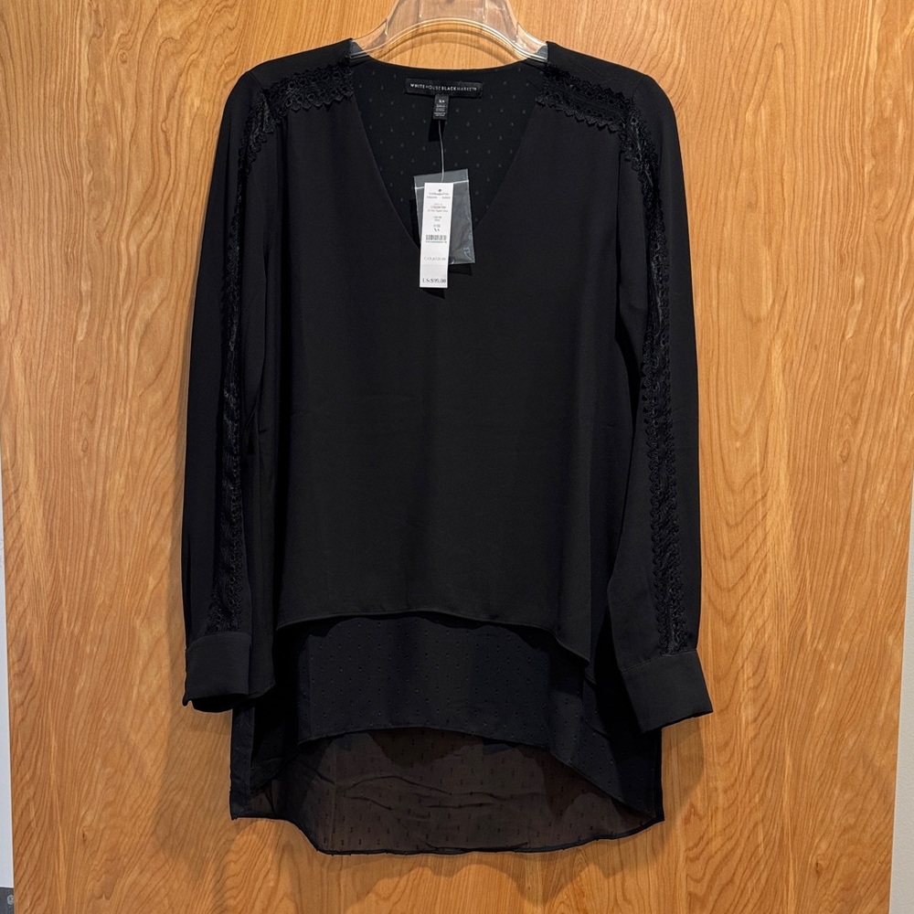 White House Black Market Black Blouse with Lace Accents